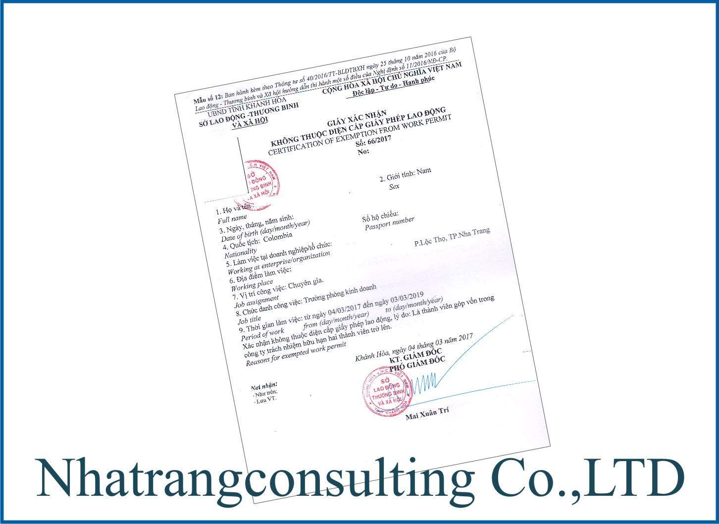 Thủ tục miễn giấy phép lao động cho người nước ngoài tại Việt Nam (Xác nhận người nước ngoài thuộc diện miễn GPLĐ tại Việt Nam)